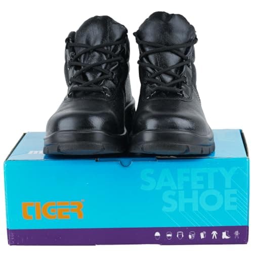 Tiger Leopard Black Leather Barton Print ISI Marked Safety Shoe for Men Industrial with Steel Toe Cap High Ankle Single Density Direct Injected PU Sole (Black, S1) (Numeric_10) 5