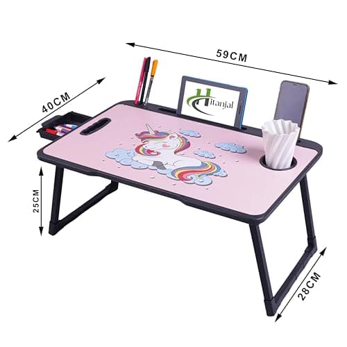 Hitanjal Foldable Wooden Mini Laptop Table for Bed, Study Table with Drawer, Mobile Holder (Unicorn) 2