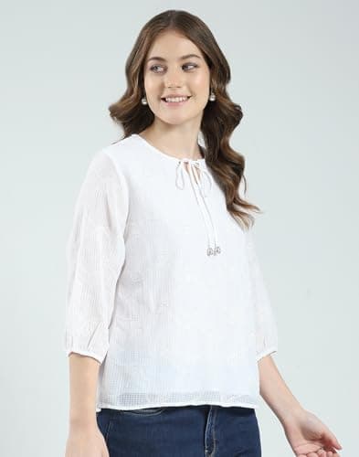 Monte Carlo Women's Regular Fit Self Designed Round Neck Top | 3/4 Sleeve | Casual Wear | Stylish & Comfortable | Everyday Wear Top for Women White S (Pack of 1) 3