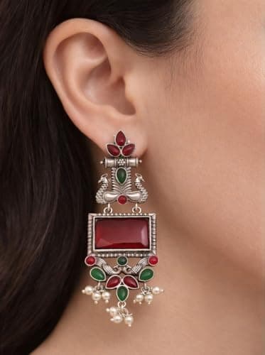 RICH MORE Oxidized Designer Stud Earrings Set, Traditional & Modern Earring Set for Women & Girls, Trendy, Fancy & Fashion Earrings for Daily and Occasion Wear, Lightweight (RED MORLO) 2