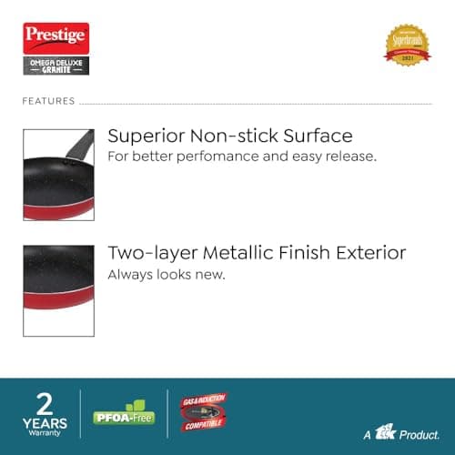 Prestige Omega Granite Non-Stick 3 Pc Cookware Set with Glass Lid | 5-Layer Coating | Gas & Induction Compatible | Omni Tawa 25cm | Fry Pan 24cm | Kadai 24cm | Crimson Red |2Y Warranty |ISI Certified 5