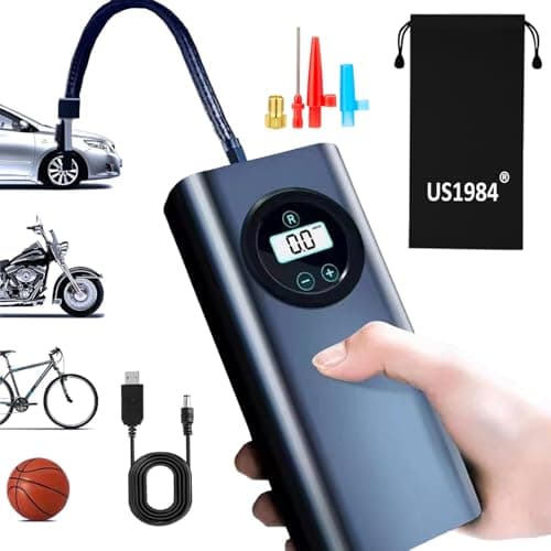 US1984 Car Tyre Inflator, Rechargeable Portable Air Compressor, 2X Fast Inflation, Cordless and Accurate Tire Pressure with digital display, 150PSI Auto Shut Off Air Pump for Car, Bike, Cycle, Ball