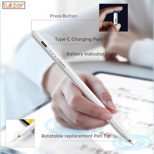 Tukzer Upgraded 2nd Gen Stylus Pen iPad Pencil, High Precision Tilt Sensor, Palm Rejection LED Indicator,TypeC Charging for iPad 2018-2024(6/7/8/9/10) Air(3/4/5) Pro11(1/2/3/4) Pro12.9 (3/4/5/6)White 6