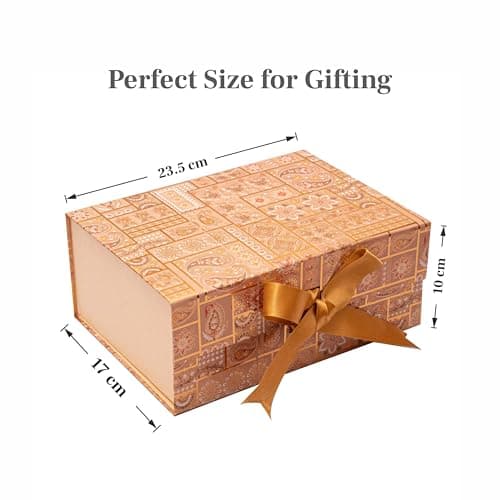 Boxotica Golden Floral Small Gift Box – Foldable Rigid Hamper with Ribbon & Greeting Card, Reusable Keepsake Box for Dry Fruits, Weddings, Birthdays, Housewarming Return Gifts, Thambulam & Vratham Kit 2