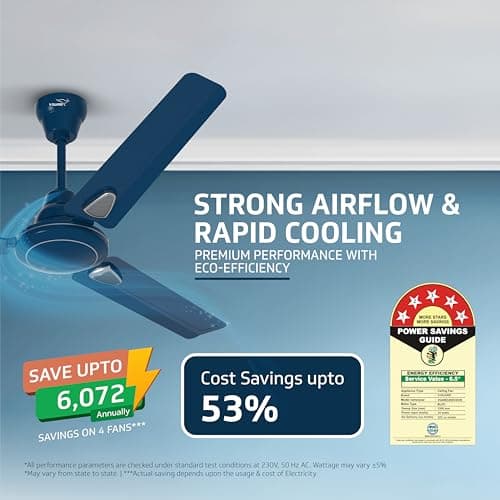 V Guard Windle Deco BLDC Ceiling Fan 1200 mm | 5 Star BEE Rated | 34W Energy-Saving BLDC Motor | Remote Control with 4 Wind Modes & Timer | High Air Delivery | 2 Year Warranty | Admiral Blue 4