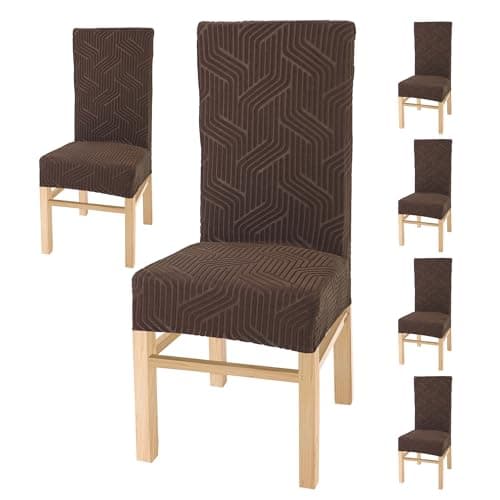 Yellow Weaves Elastic Stretchable Dining Chair Covers, Removable Washable Elastic Self Jacquard Dining Chair Covers (Set of 6, Coffee)