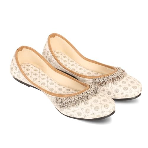DFR Women Rajasthani Ethnic Embroidery with Payal Punjabi Mojari's Jutti’s, Color - Cream, UK Size - 9 2
