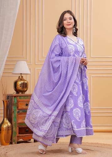 GEKHA Women Pure Cotton Printed Anarkali Kurta Set Purple, XL 3
