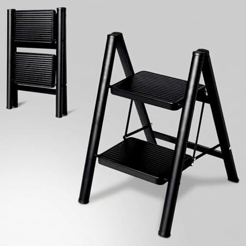 JIALTO 2 Step Metal Ladder for Home, Foldable Lightweight Stepping Stool with Wide Pedals, Anti Slip Heavy Duty 150 Kg Capacity, Portable for Kitchen, Office & Library (Black)