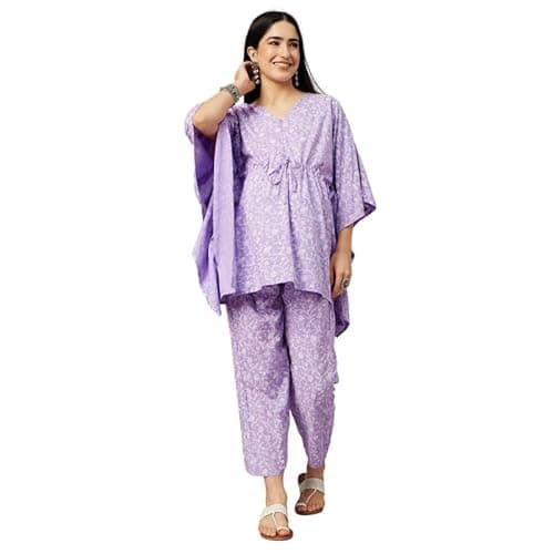 Aaheli Women’s Rayon Printed Maternity Kaftan Top & Pant Set – Soft Lavender | Comfortable Nursing Wear | V-Neck Feeding Pyjama Set for Pregnancy | Lavender, XL