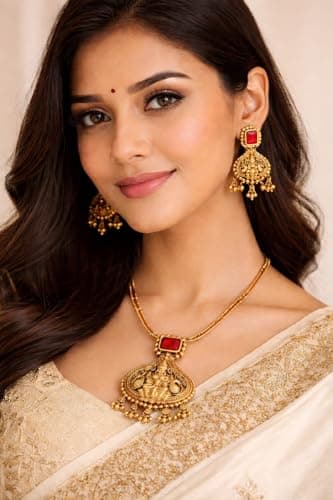 Visaga Aura Premium South Indian Lakshmi Temple Jewellery Necklace Set for Girls & Women –Lightweight Antique Gold Plated Goddess Lakshmi Pendant Necklace with Orange Stone, Traditional Ethnic Wedding 6