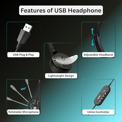 Metaind Wired USB Headphone with Noise Cancelling Mic | HD Sound & Comfort for Zoom, Teams & Call Centers | USB Headset for PC & Laptop | Model: Meta_MT50 (Black) 2