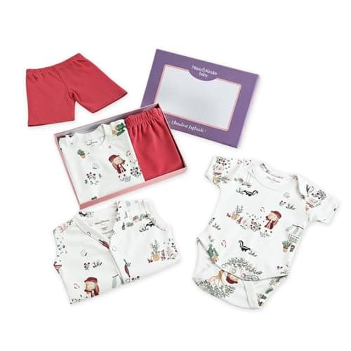 Haus And Kinder Baby Clothes Set For 0-6 Months - Pack Of 5 | 5-piece Newborn Outfit With Onesie, T-shirt, Pants, Shorts, Vest ? Soft Jersey Cotton Infant Apparel | Scarlet Print For Boys & Girls