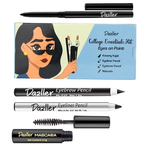 Dazller College Makeup Essentials 4 - Eyes on Point|Kajal|Mascara|Eyeliner|Eyebrow|Water-Resistant|Smudge-proof|Starter Makeup Kit for Women|6.85g
