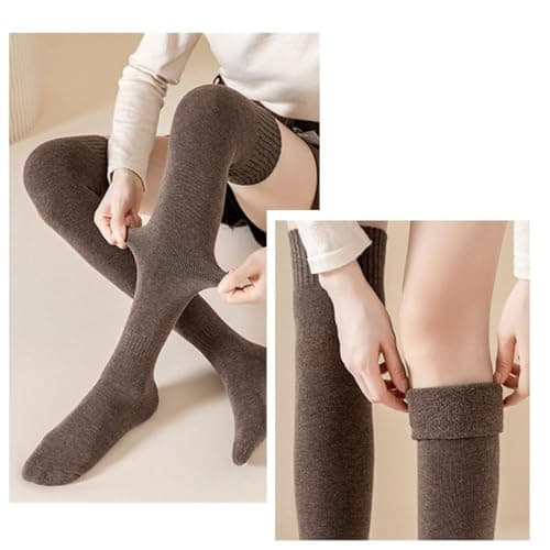 AVNISH Wool Warm Thigh High Socks Extra Long Cotton for Women, Boot Cuffs Knee Cap Stocking Soft Compression Leg Thermal Thick Woolen Sock, Winter Wear Fluffy Over Knee Fuzzy Warmer Socks (Dark Brown) 3