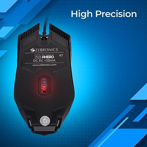 ZEBRONICS PHERO Wired Gaming Mouse with up to 1600 DPI, Rainbow LED Lights, DPI Switch, High Precision, Plug & Play, 4 Buttons 3