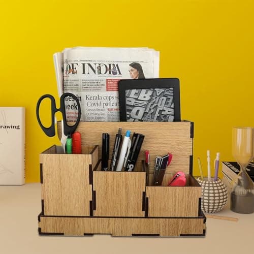 WOODOLOGY INDIA Wooden Desk Organizer/Stationary Items for office/Remote & Pen Stand/Office Stationary Stand (Brown)