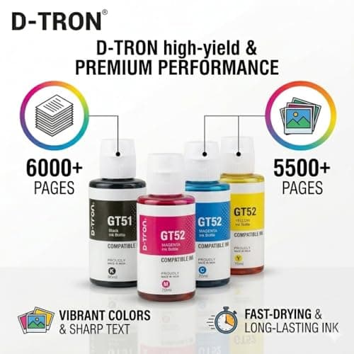 D-tron GT51 GT52 Compatible Ink Refill Bottles, for HP Ink Tank 310, 315, 410, 415, 500, 530,615, 5810,5811, 5820 Black 90ml and Cyan, Magenta, Yellow 70ml, for HP Ink Tank 3
