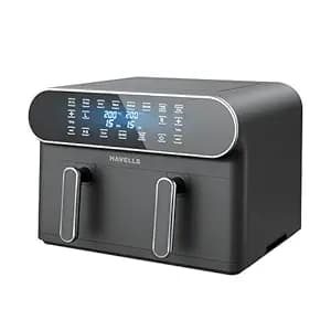 Havells Air Fryer Prolife Delicia 1700 W|Dual Basket Air Fryer|85% Less Oil|10.5L Pan|8 Auto Pre-set Menu|Auto Restart|Digital Touch Control|Dehydrator Mode|2Yr Door Step Warranty by Havells (Black)