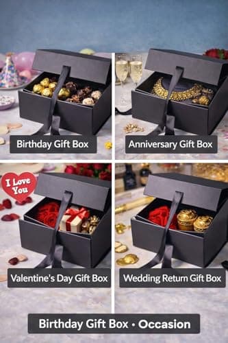 1 Piece Black Magnetic Gift Box with Ribbon for Birthday & Wedding Hamper, Collapsible Premium Gift Box for Return Gifts & Packaging (25 x 20 x 10 cm) (BLACK) 3