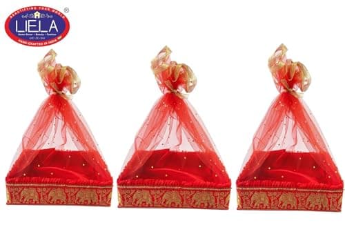 LIELA Decorative gift basket square 10"x10"x3" set of 3 for Diwali, Rakhi, Wedding, Navratri, pooja etc. pack variety of items waffers, chips, namkeen, juices, fruits, sweet etc. Premium Gift Hamper. 2