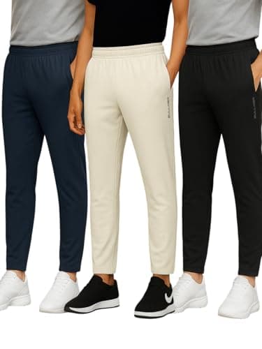 BULLMER Trendy Solid Cotton Blend Regular Fit Trackpant for Men | Mid-Rise Trackpant for Men - Pack of 3_Navy Blue/Beige/Black_X-Large