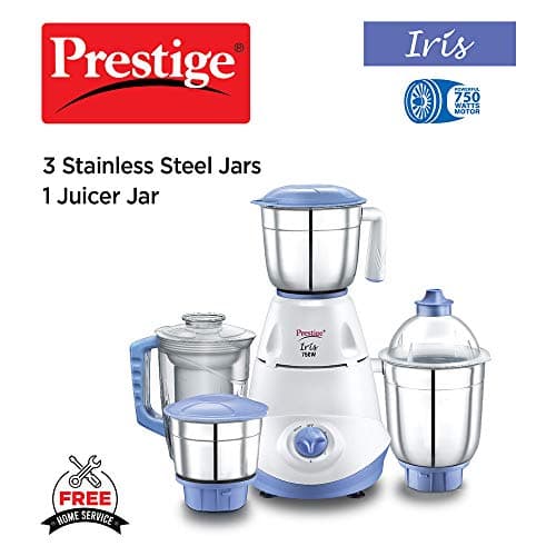 Prestige Iris 750 Watt Mixer Grinder with 3 Stainless Steel Jar + 1 Juicer Jar (White and Blue) + Prestige Svachh Deluxe Alpha 3.0 Litre Stainless Steel Pressure Cooker 3