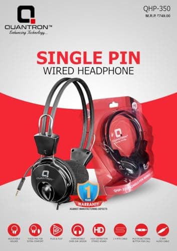QUANTRON QHP-350 Wired Headphones with Mic | Single Pin 3.5mm Jack | Over-Ear Comfort Fit | HD Stereo Sound | Adjustable Headband | 1.4m Cable | Compatible with Laptop, PC, Mobile 3