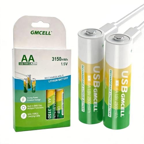 GMCELL® AA Rechargeable Batteries (Lithium 1.5V - 2500 mAh) - New Launch in 2025 | Fast Charge (Direct USB‑C + Wireless) | Pack of 2 Batteries | 10 Years of Life and 1,500+ recharges