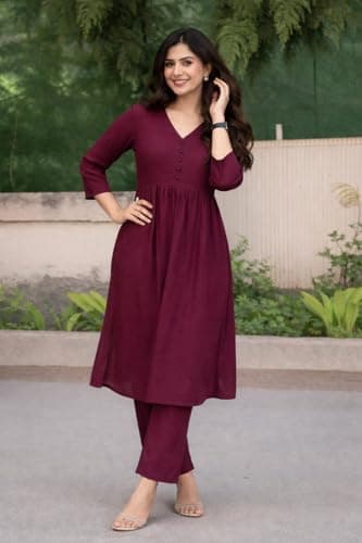 ISTOCAN Women's Long Flared V-Neck with Button Details Anarkali shape, Empire Waist,Kurta Pant Set | Casual Outfit For Office Wear | three-quarter sleeves (WINE, 3XL) 4