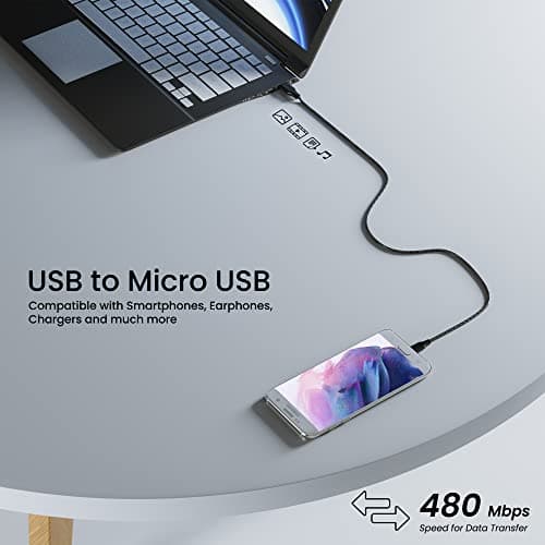 Ambrane Unbreakable 60W / 3A Fast Charging 1.5m Braided Micro USB Cable for Smartphones, Tablets, Laptops & Other Micro USB Devices, 480Mbps Data Sync, Quick Charge 3.0 (RCM15, Black) 3
