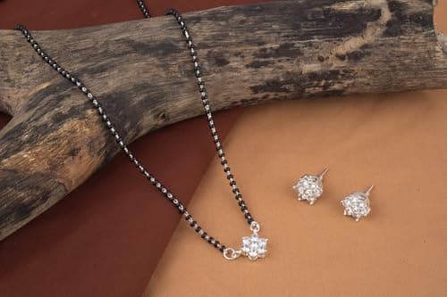 JFL - Jewellery for Less Traditional Ethnic Silver Plated Cz American Diamond Flower Shape Pendant Mangalsutra Set for Women.(Small),Valentine 4