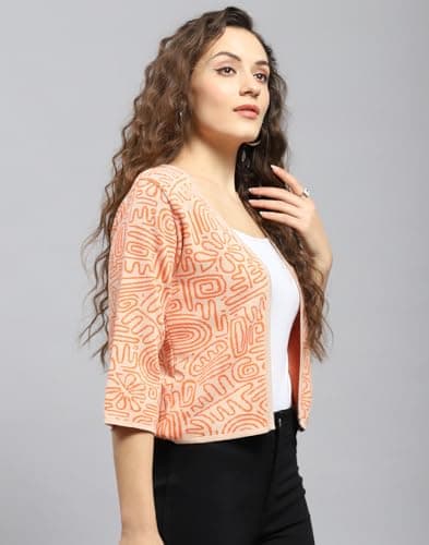 Monte Carlo Womens Orange Printed V Neck 3/4th Sleeve Front Open Shrug (224065320FO-1-42) 3