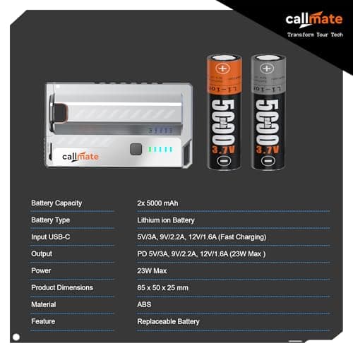 callmate Shotgun 23W PD Fast Charging 10000mAh Power Bank with USB-C PD Output, Lightweight & Portable, Replaceable Cells with 2X 5000mAh for Smartphone (Lithium-Ion, 2X 5000mAh), White 5
