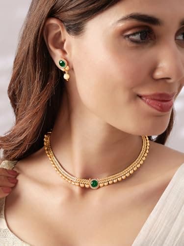 Rubans Womens 22K Gold-Plated Dark Emerald Green Stone & Pearl Beaded Traditional Necklace Set 2