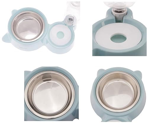 amazon basics 2 In1 Pet Feeder Food and Water Dispenser|Stainless Steel Bowl|Suitable for Cats and Dogs,32 cm,H_22 cm,W_16.5 cm with Amazon Basics Cat Litter Box Tray with Free Scooper|Green 3