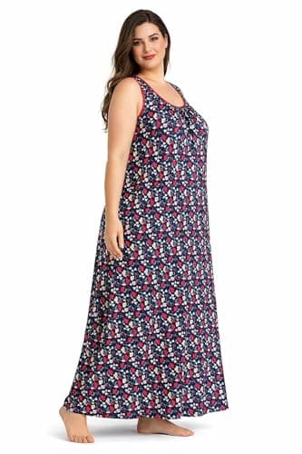 Manvicare Plus Size Sleeveless Cotton Nightgown for Women, Floral Print, Navy Blue Maxi Length Night Dress (Blue, 2XL) 3