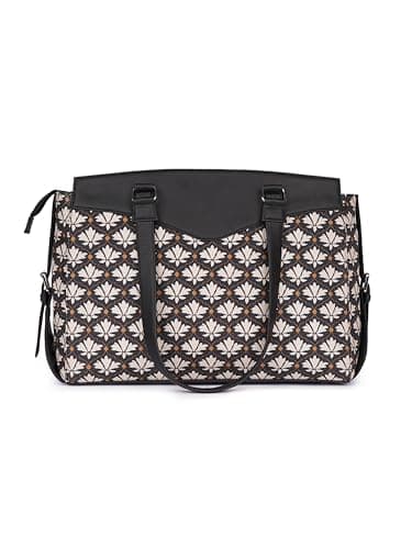 ZOUK Bidri Kaiser Motif Printed Jute Vegan Leather Black and White Women's Office Work Bag With Double Handles Strap 4
