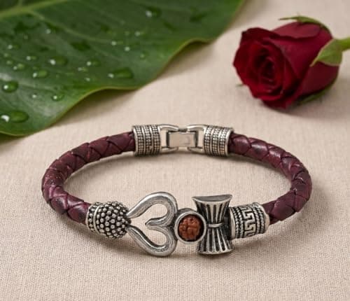 Soni Jewellery Trishul Damru Om Rudraksha Beads Silver Plated Mahakal Shiva Genuine Leather Bracelet Brown Dyed Rope Wrist Band Bahubali Kada Bracelet Rakhi Gift for Brother for Unisex Adult | pack of 5
