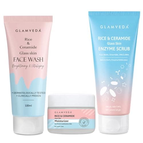 Glamveda Rice & Ceramide Glass Skin Essentials | Face Wash + Enzyme Scrub + Moisturizer Combo | Korean Skincare Routine | Rice Water, Ceramides & AHA BHA | Hydrating & Glow Boosting Kit