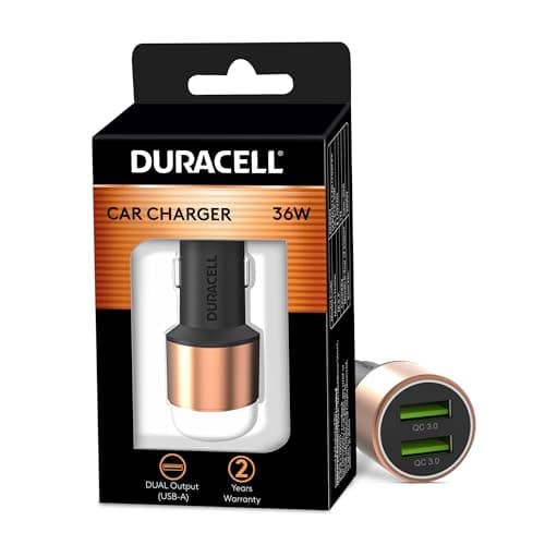 Duracell 36W Fast Car Charger Adapter with Dual USB Port. Qualcomm Certified 3.0, Quick Charge. Compatible with iPhone, All Smartphones, Tablets & More - Copper & Black