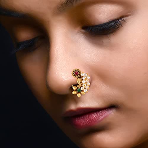 Vighnaharta Gold Plated with Pearl Alloy and Artificial stone Non Piercing Maharashtrian Nath for women (VFJ1182NTH-Press) 2