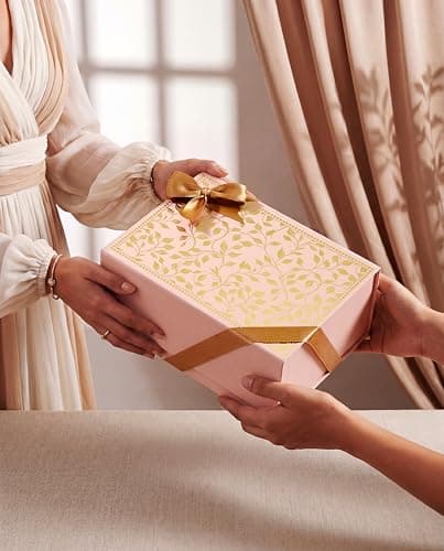 Pink Paper Co. Luxurious Gift Box for Packing Hampers with Ribbon | Gold Foil Printing | Pack of 1 Empty Box | Magnetic Closure | 22.5x16x10 cm (Peach) 2