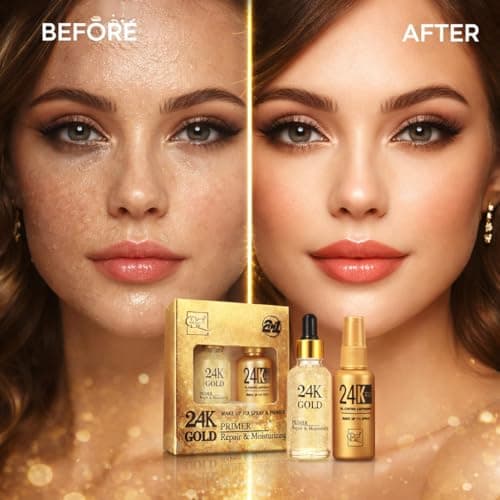 Beauzy 24K Gold Primer & 24K Gold Makeup Fixer Combo | Infused Primer for Flawless Base + Oil Control Makeup Fixing Spray | Long-Lasting Glow, Hydrating & Radiant Finish 3