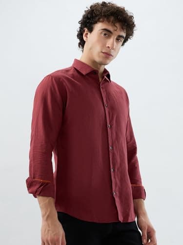 Park Avenue Men Slim Fit Solid Pattern Linen Cotton Blend Semi Cutaway Collar Full Sleeve Casual Shirt Red 2
