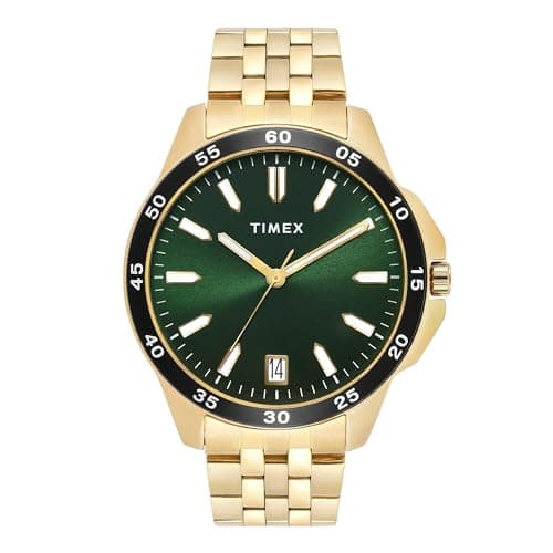 TIMEX Analog Watch for Man with Green Round Dial & Gold Stainless Steel Bracelet Band Water Resistant Men's Wrist Watches - TWEG25302