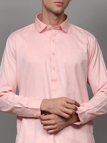 Exotic India Men's Solid Color Pathani Poly Cotton Kurta Pajama Set | Ethnic Wear Kurta Pant Combo Set for Festive Wedding Party Seashell Pink 5