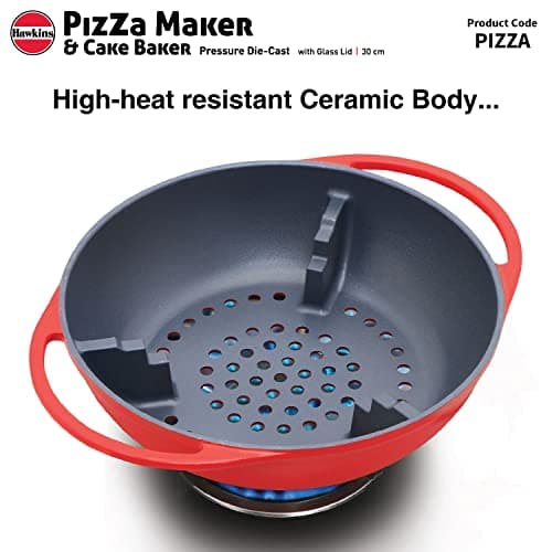 Hawkins Diecast 30 cm Nonstick Pizza Maker and Cake Baker with Glass Lid, Gas Oven, Pizza Oven Toaster Griller Tandoor Barbecue, Cake Baking Pan, Red (PIZZA) 4
