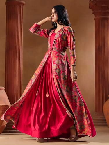 madhuram textiles Women's Vatican Print Ethnic Dress with Jacket Style Gown(M-2550 Pink_Large) 3