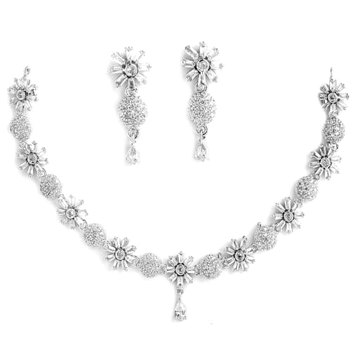 ZENEME Rhodium Plated Silver Toned White American Diamond Studded Necklace With Earring Jewellery Set For Women and Girl (White)